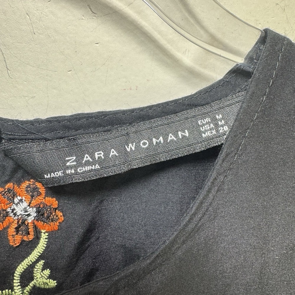 Zara Babydoll Boho Floral Butterfly Cotton Gauzy Embroidered Swing Dress M Black - Picture 4 of 11